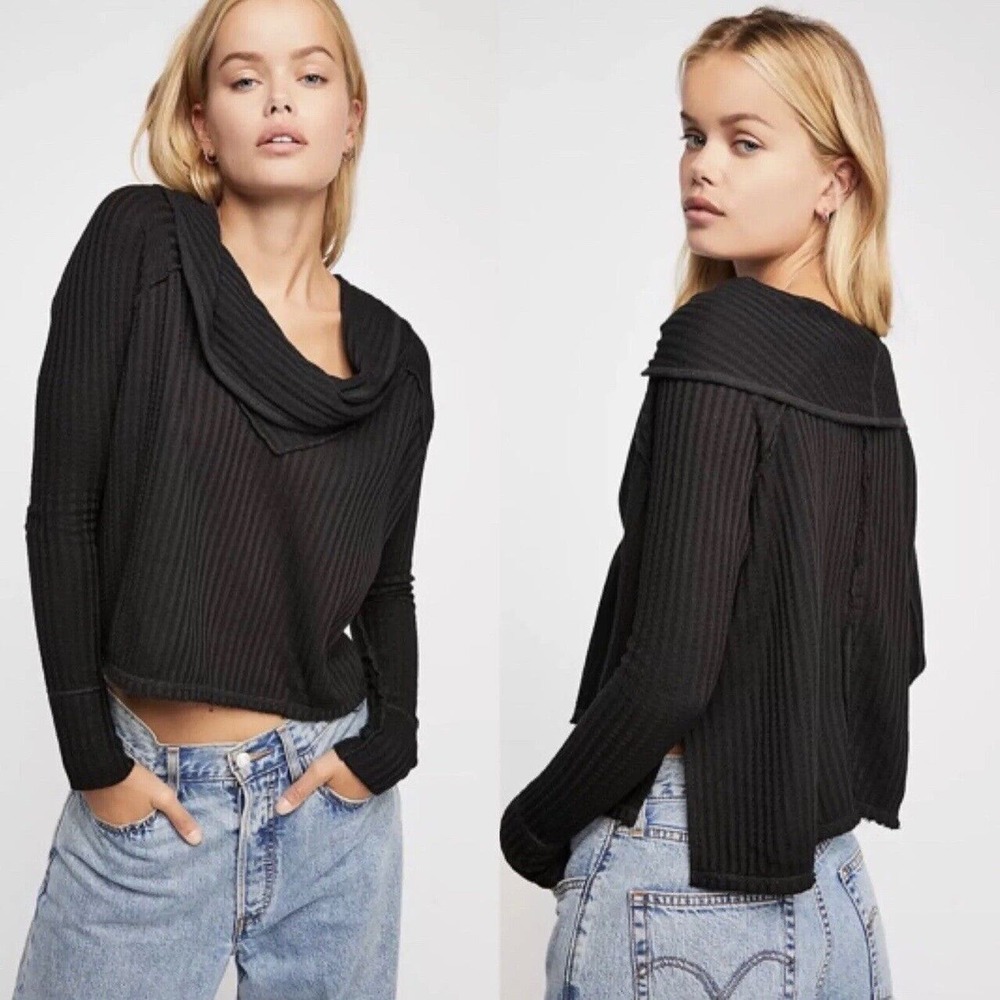 Free People We The Free Black Cowl‎ Neck Wildcat Thermal Top XS Sweater